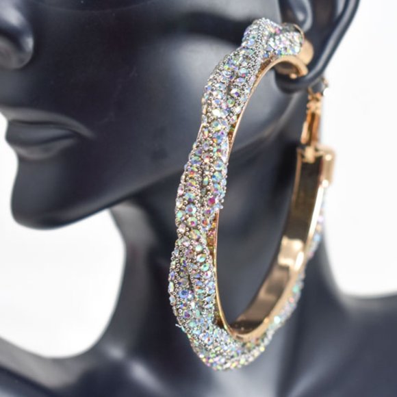 3" Boho Braid Twist AB Rhinestone Hoop Earrings - Picture 8 of 11